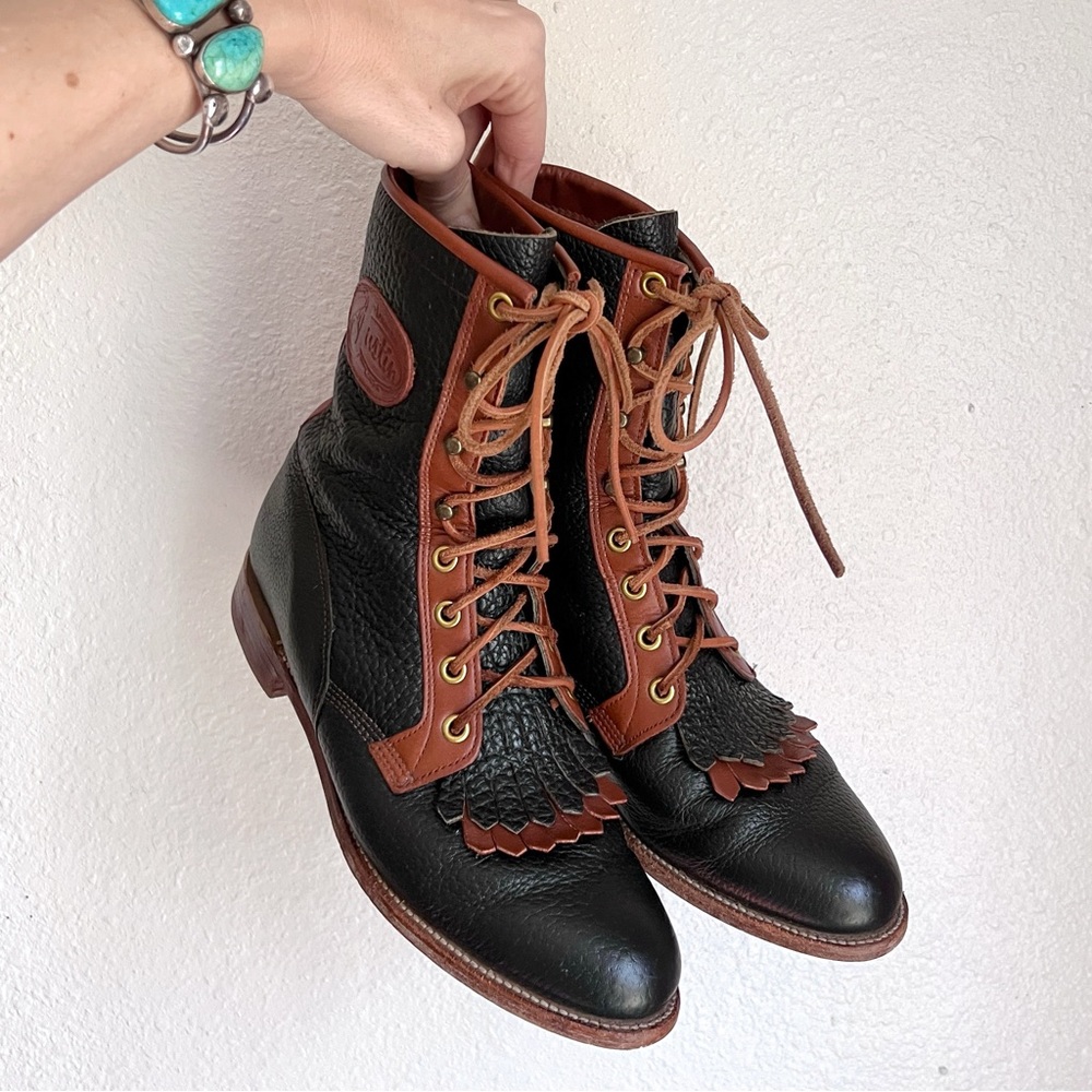 90s JUSTIN Vintage Kiltie Navy & Brown Leather Roper Cowboy Boots 7.5 Prairie - Picture 4 of 14